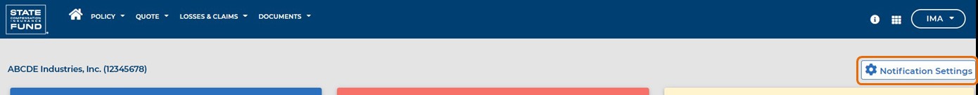 The notification settings button on the claims dashboard