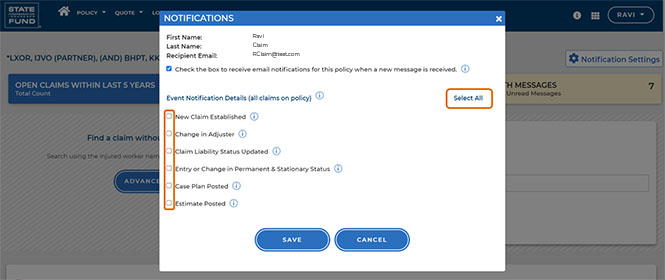 Selecting claims event notifications