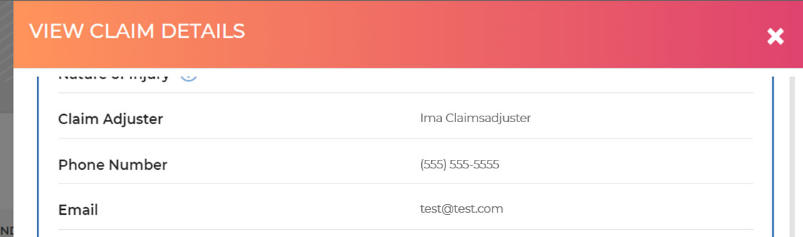 Claim adjuster contact info in the claim details window