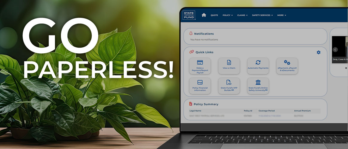 A graphic of a laptop on a table with the headline go paperless.